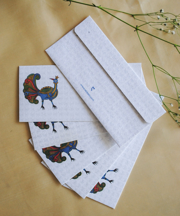 White hand crafted peacock gond art envelope set of 6