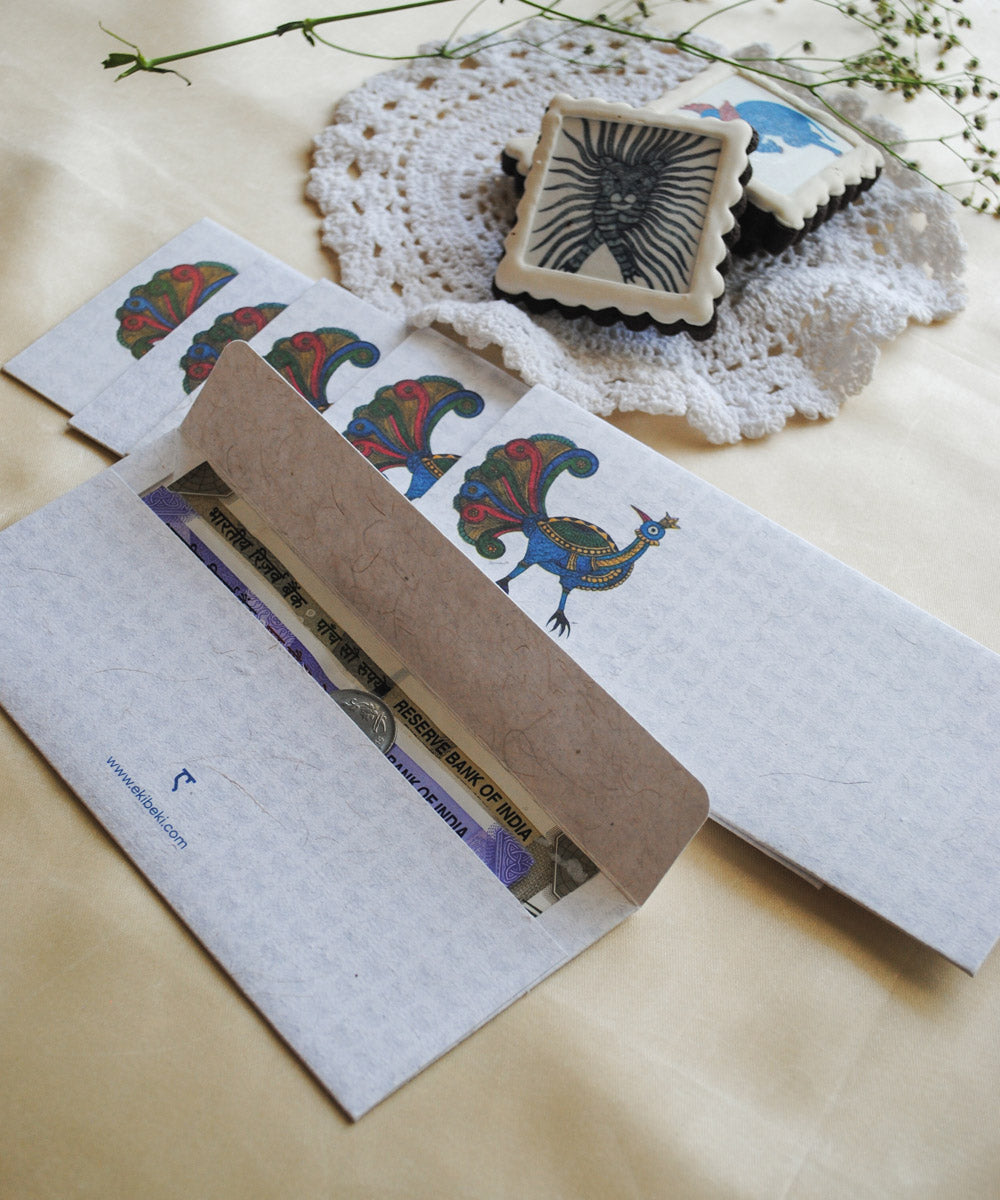 White hand crafted peacock gond art envelope set of 6