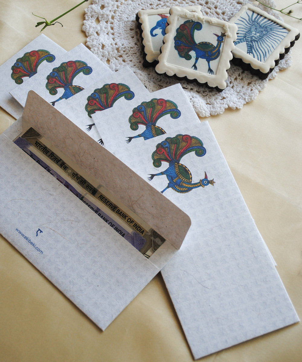 White hand crafted peacock gond art envelope set of 6