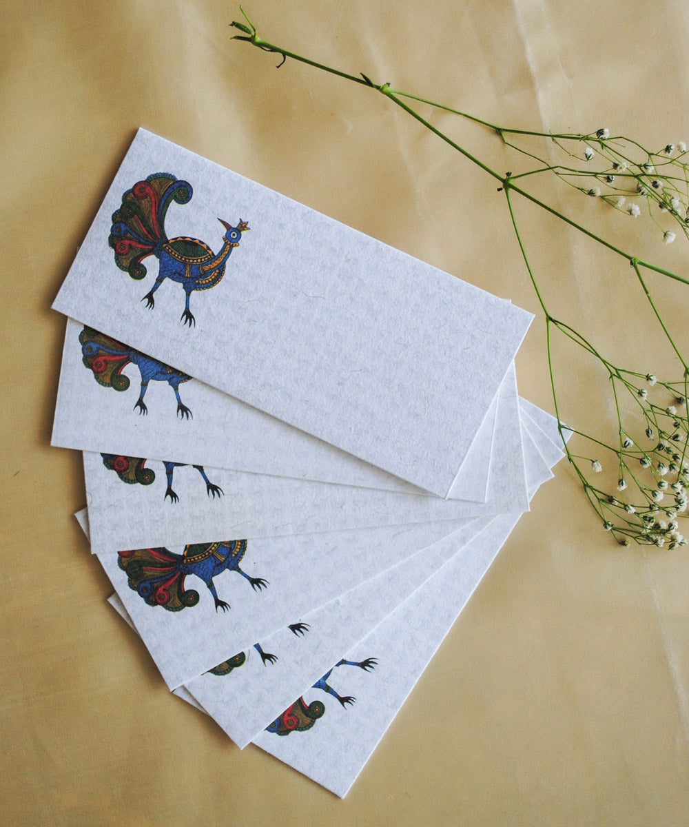 White hand crafted peacock gond art envelope set of 6