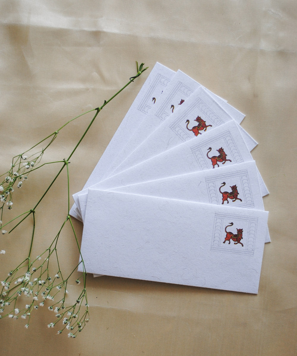 White hand crafted wild boar gond art envelope set of 6