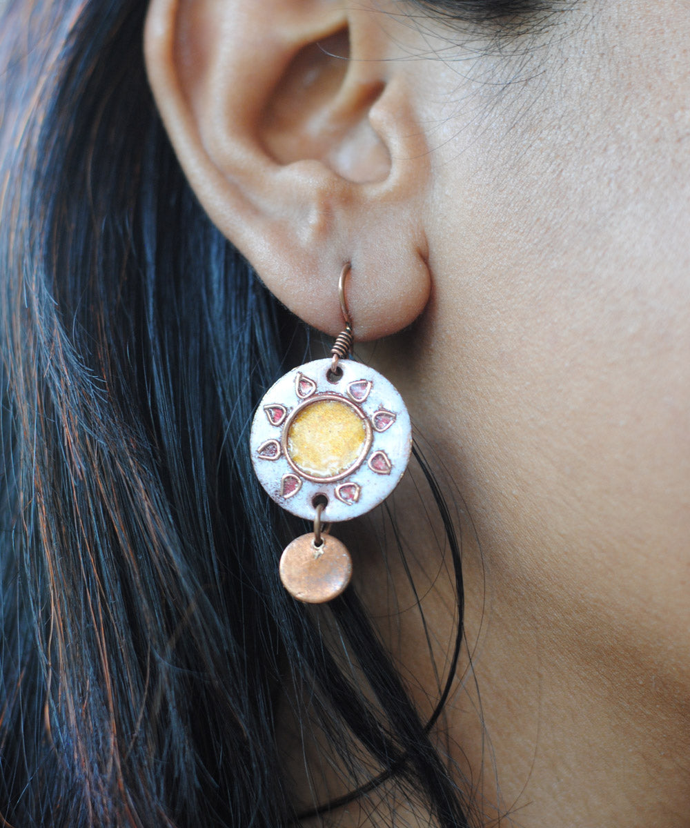 White yellow handcrafted sun motif copper enamel earring