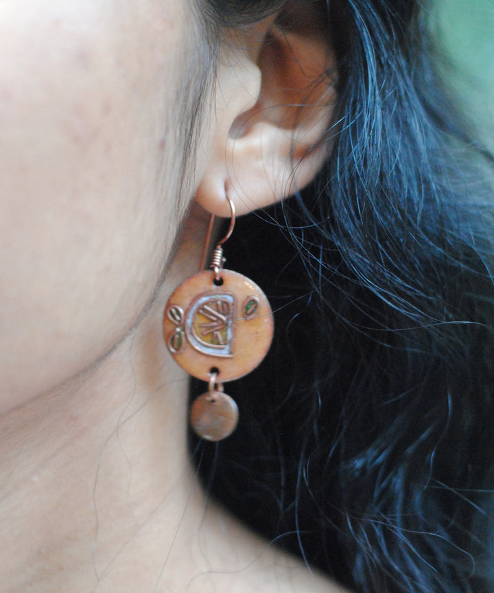 Yellow brown handcrafted lemon motif copper enamel earring