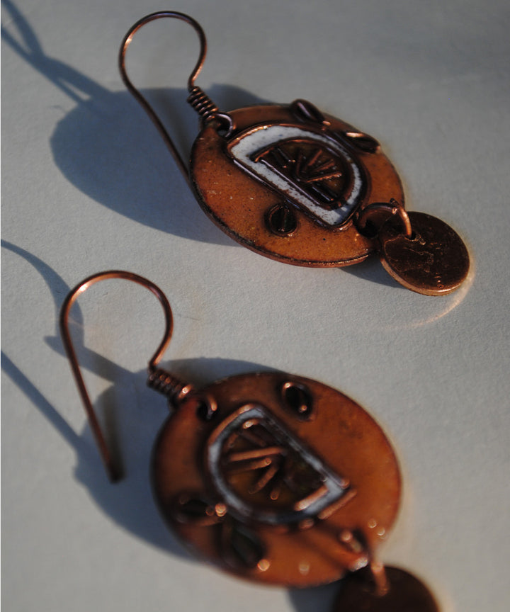 Yellow brown handcrafted lemon motif copper enamel earring
