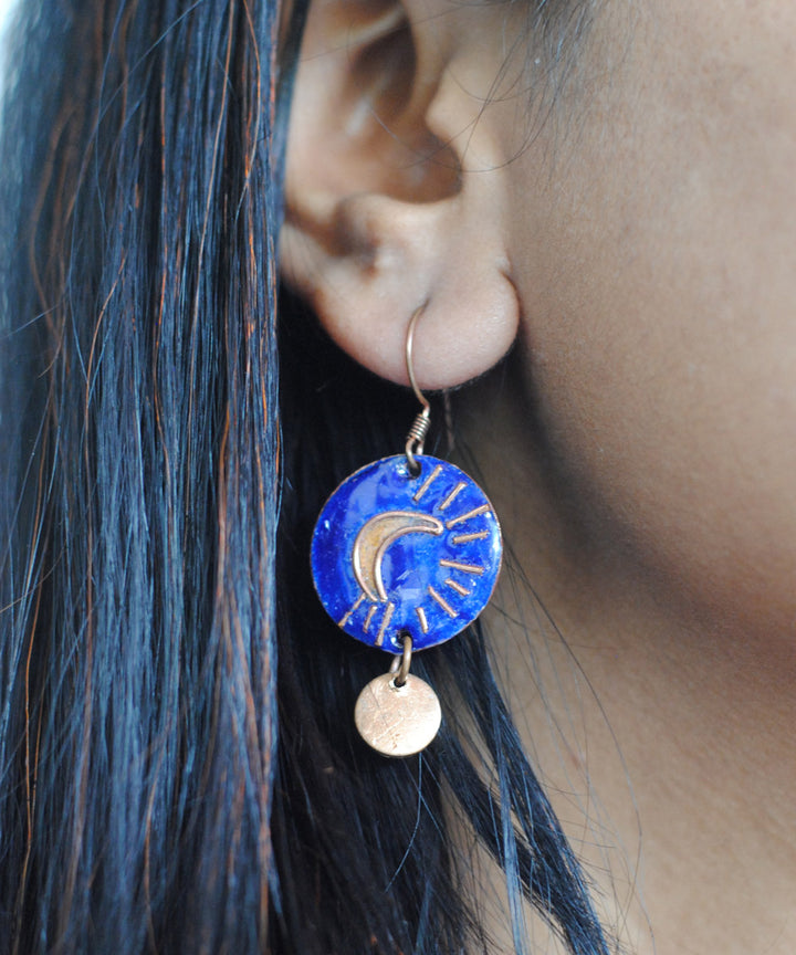 Blue yellow handcrafted moon motif copper enamel earring
