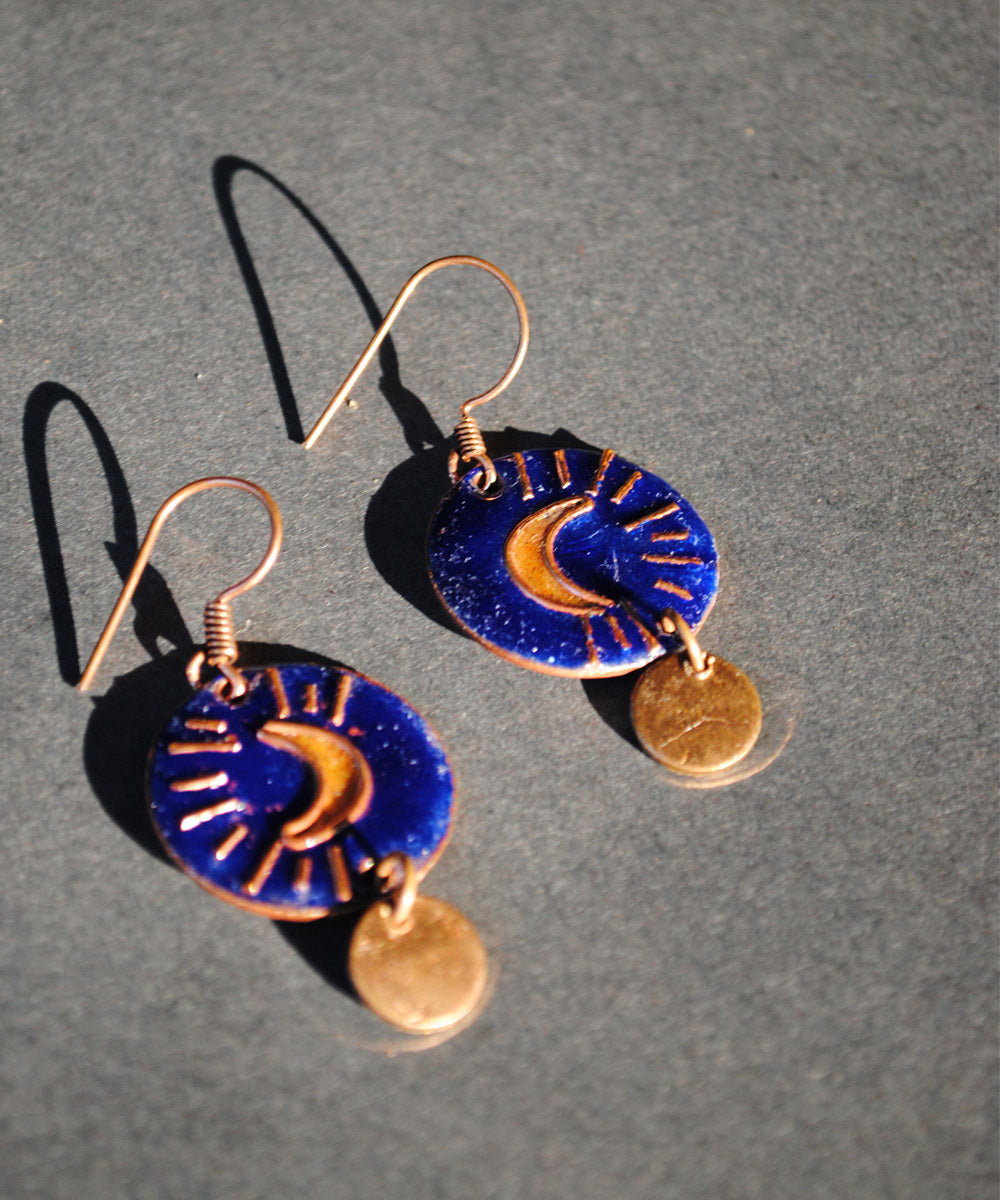 Blue yellow handcrafted moon motif copper enamel earring