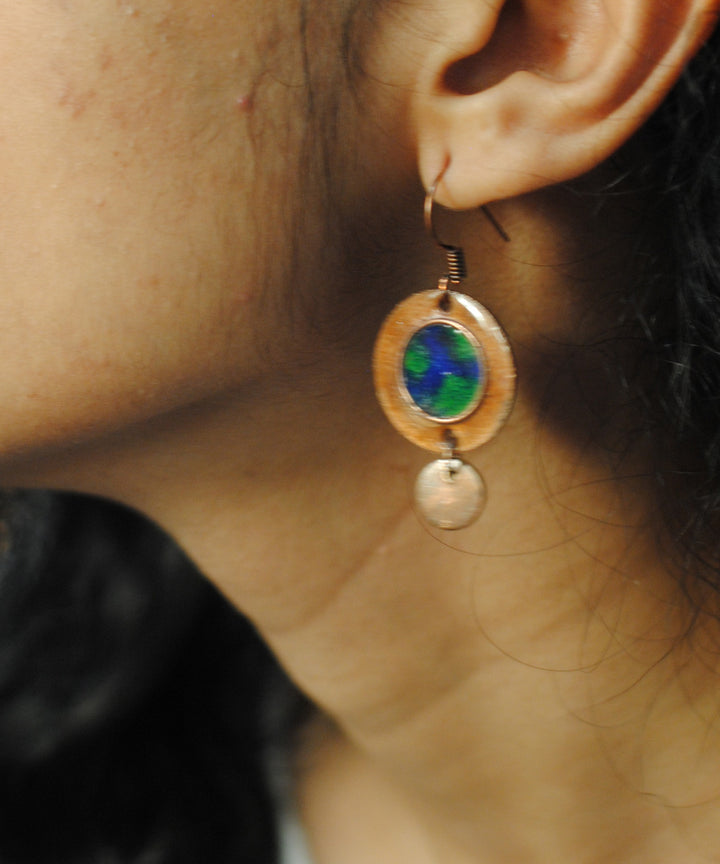 Yellow green handcrafted copper enamel earring