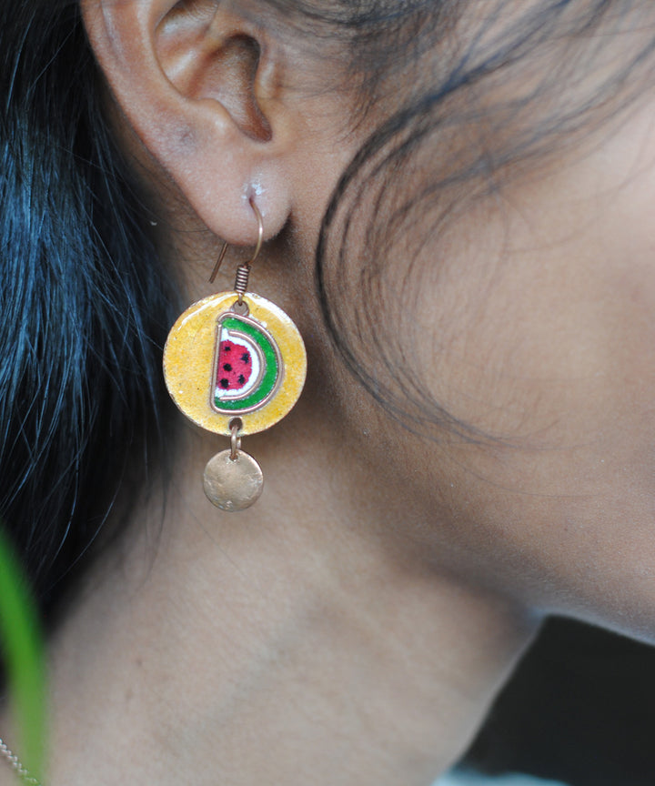 Yellow red handcrafted watermelon motif copper enamel earring