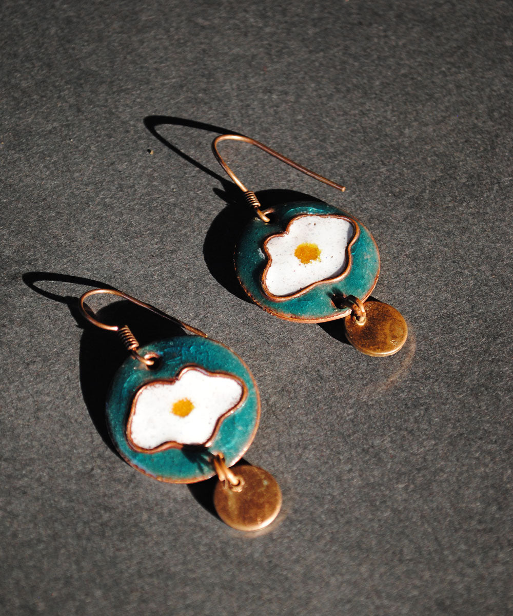 Green white handcrafted omelette motif copper enamel earring
