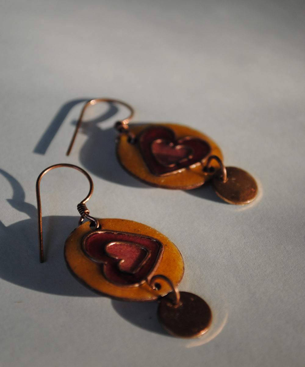 Golden pink handcrafted heart motif copper enamel earring