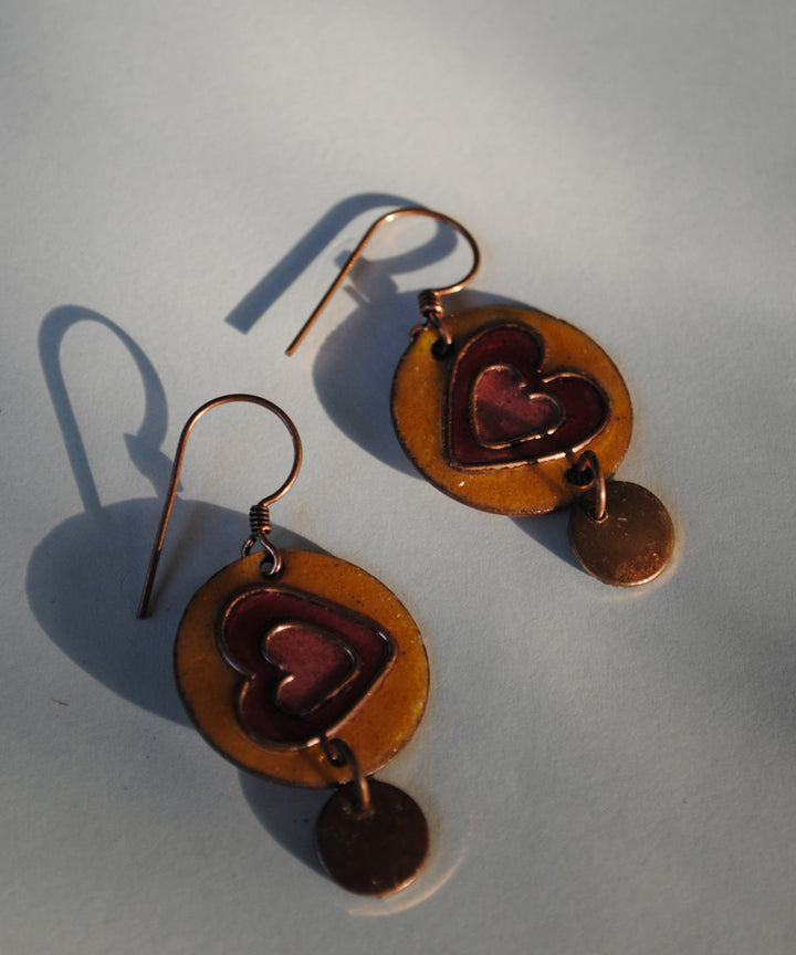 Golden pink handcrafted heart motif copper enamel earring