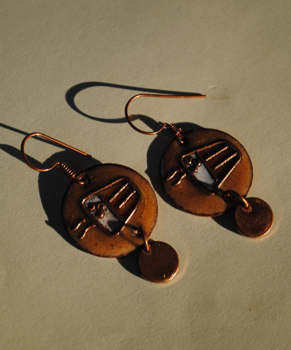 Golden white handcrafted tea motif copper enamel earring