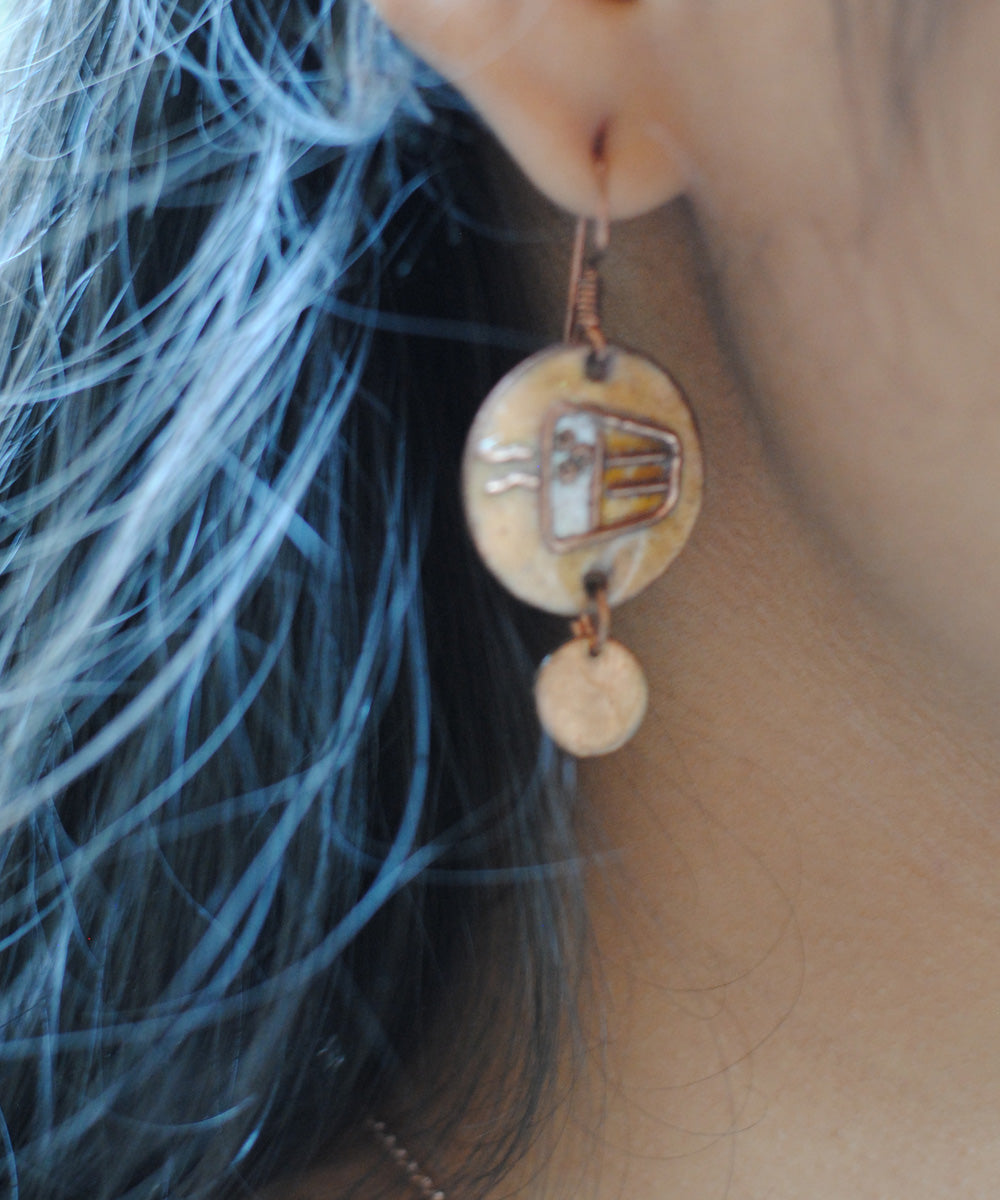 Golden white handcrafted tea motif copper enamel earring