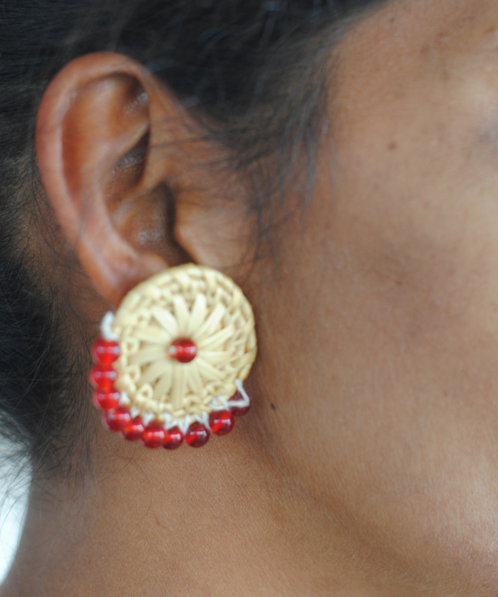 Beige red handcrafted golden grass earring