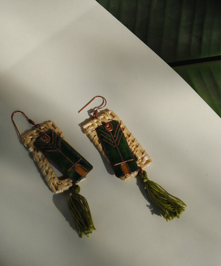 Beige green handcrafted golden grass earring