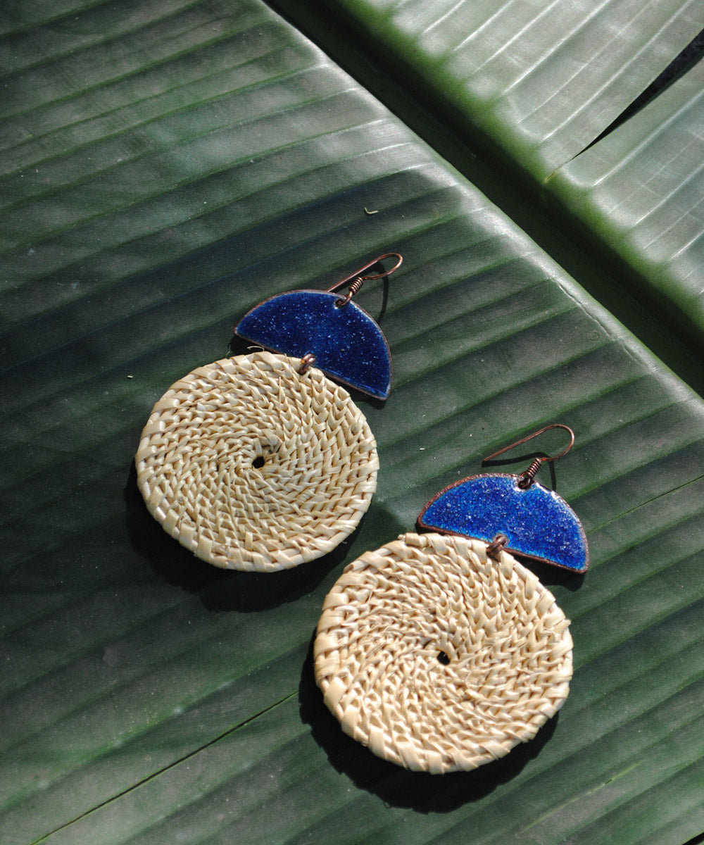 Beige blue handcrafted golden grass earring