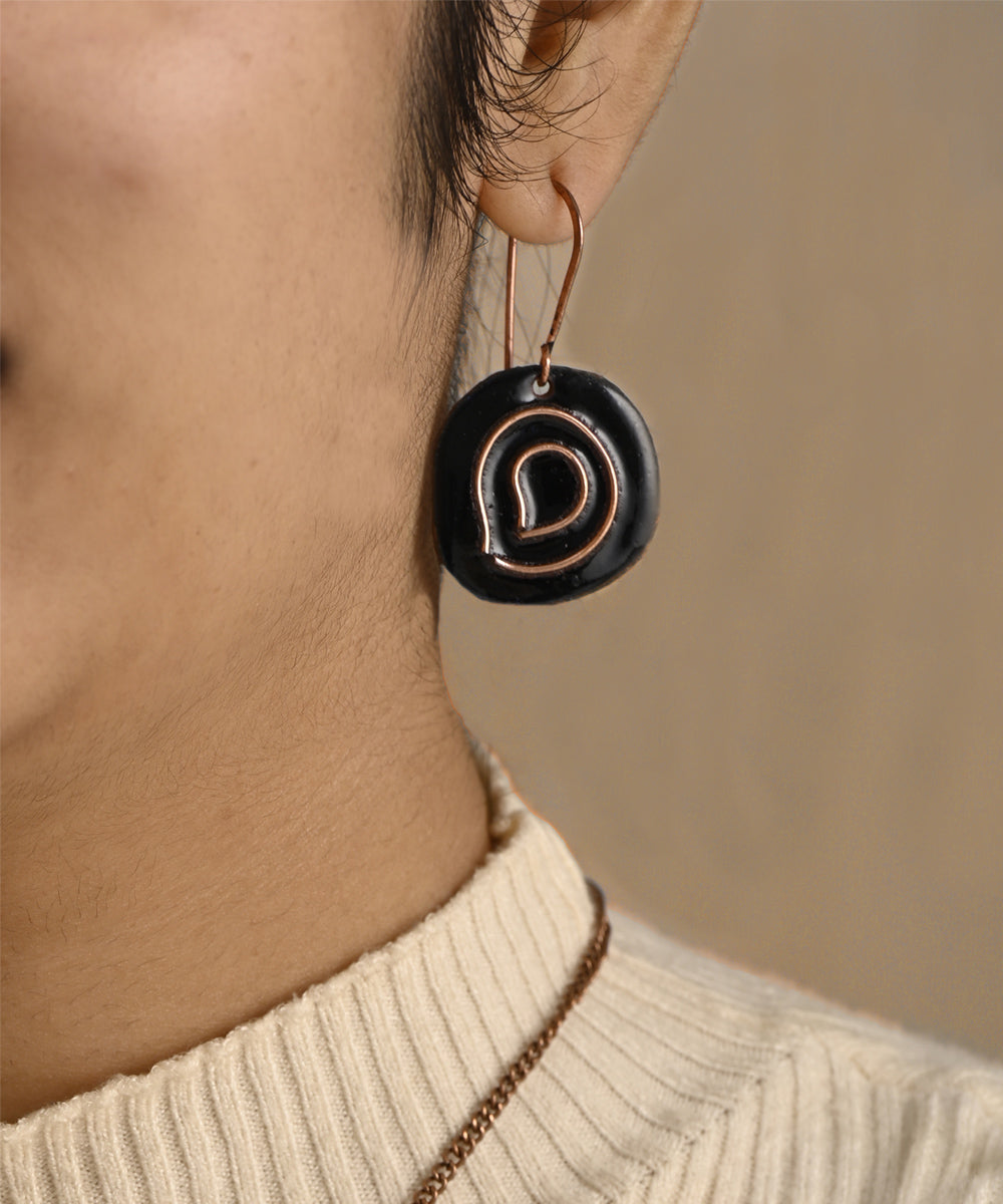 Black handcrafted copper enamel earring