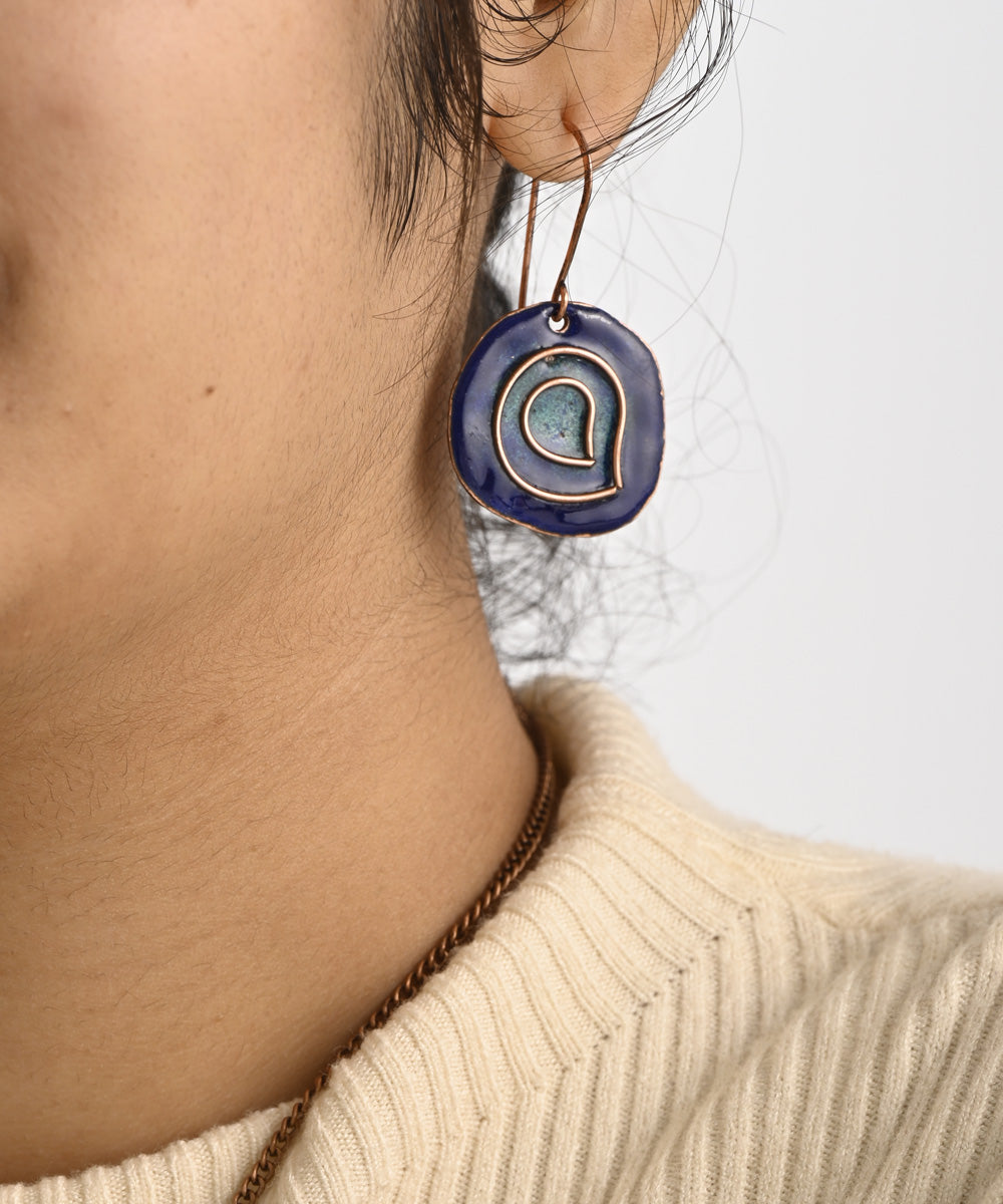 Blue handcrafted copper enamel earring
