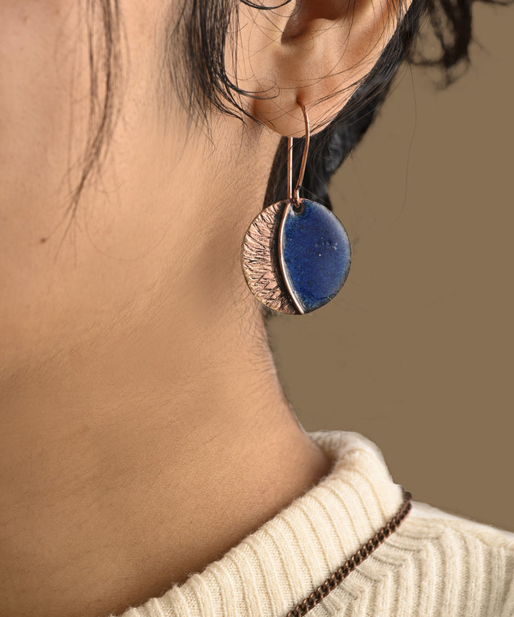 Blue brown handcrafted copper enamel earring