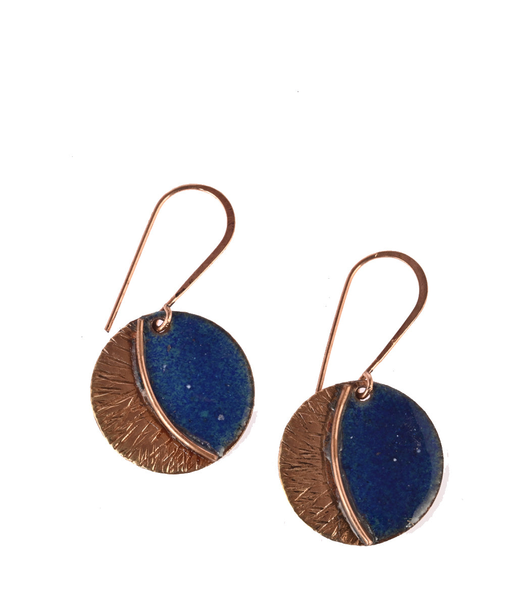 Blue brown handcrafted copper enamel earring