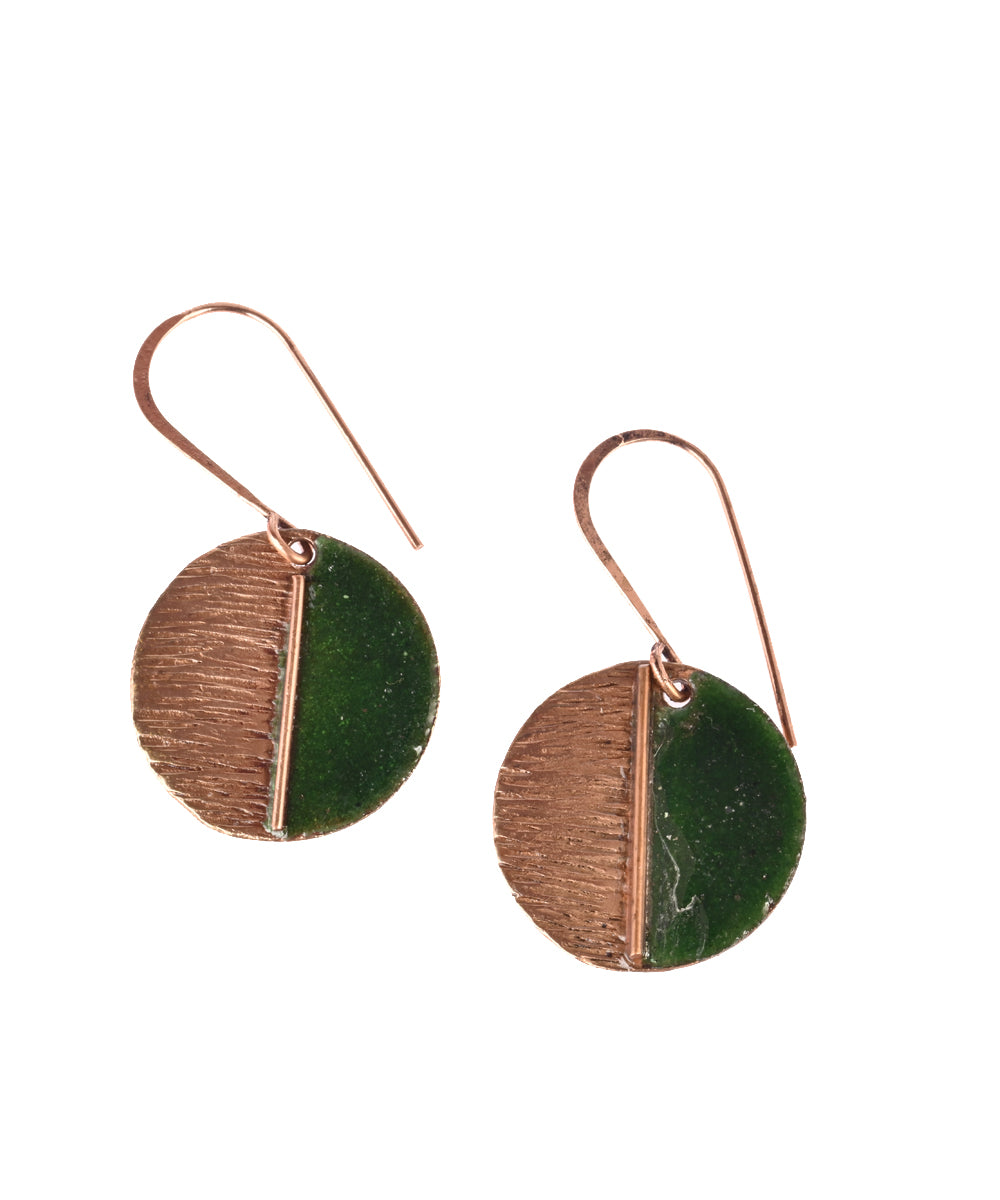 Green handcrafted copper enamel earring