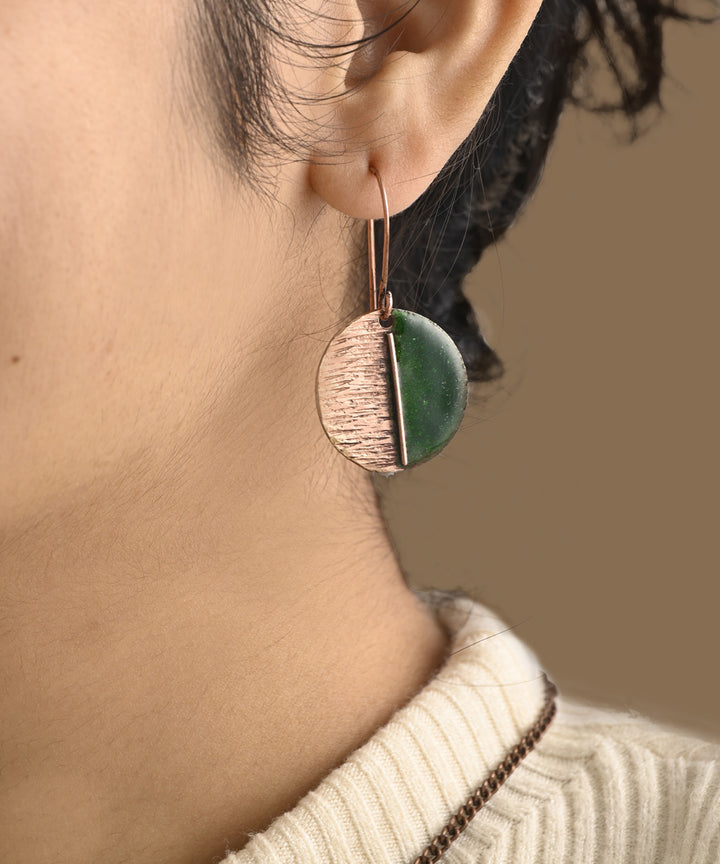 Green handcrafted copper enamel earring