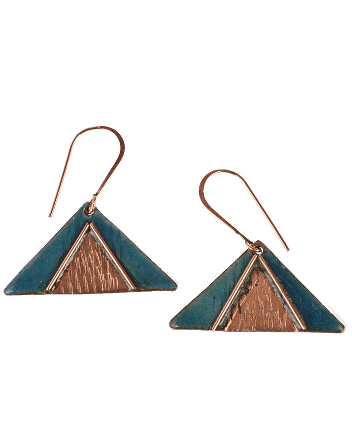 Blue triangle handcrafted copper enamel earring