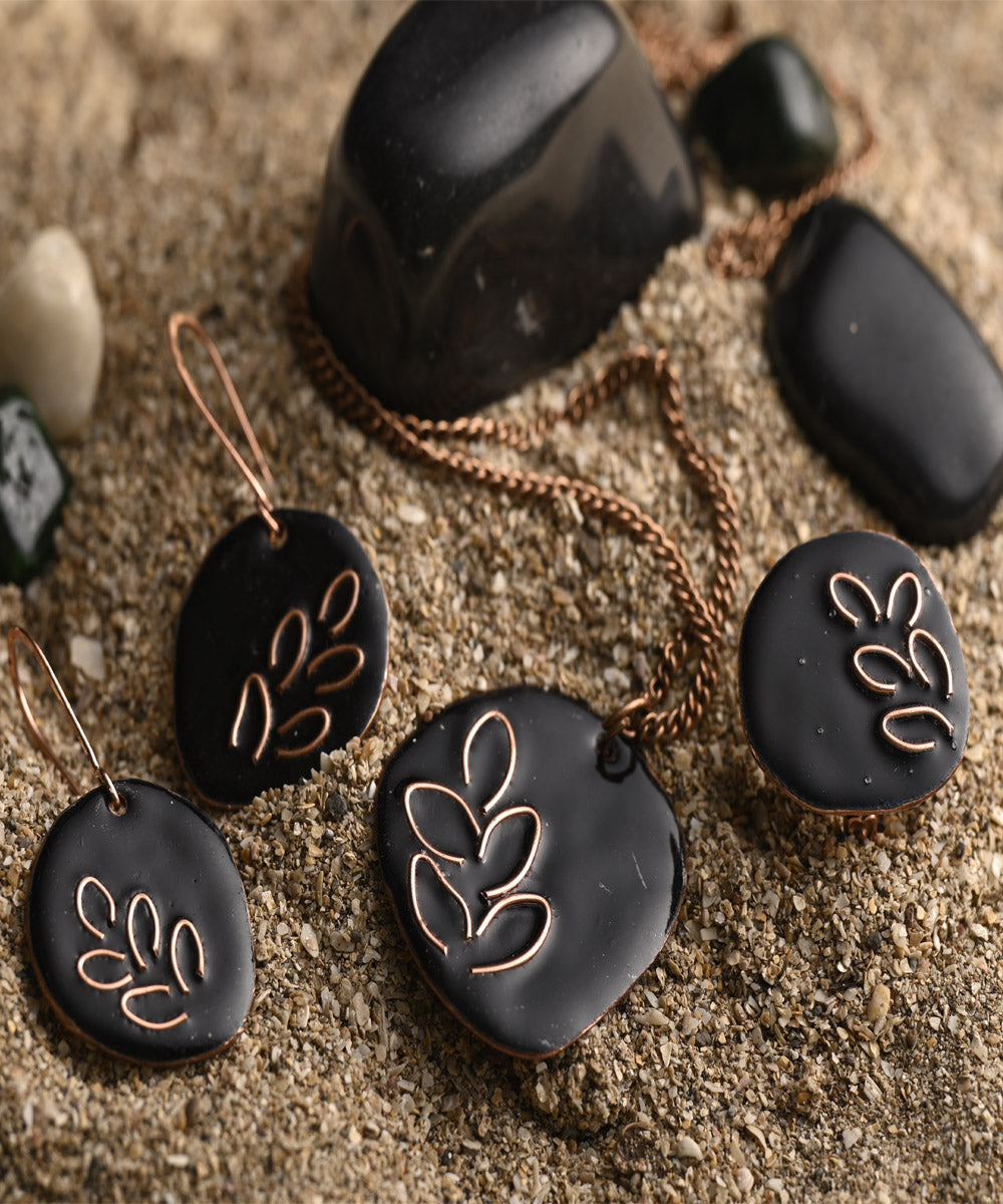 Black leaf handcrafted copper enamel jewellery set