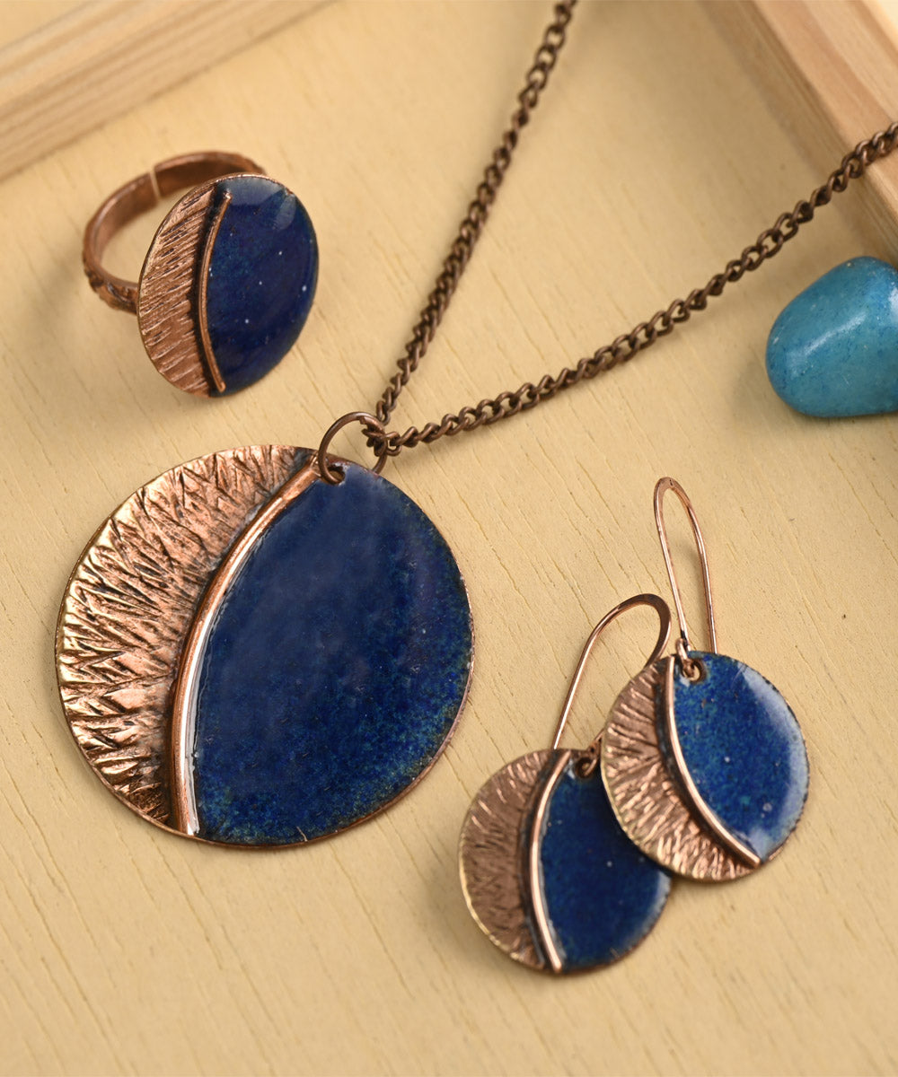 Blue brown handcrafted copper enamel jewellery set