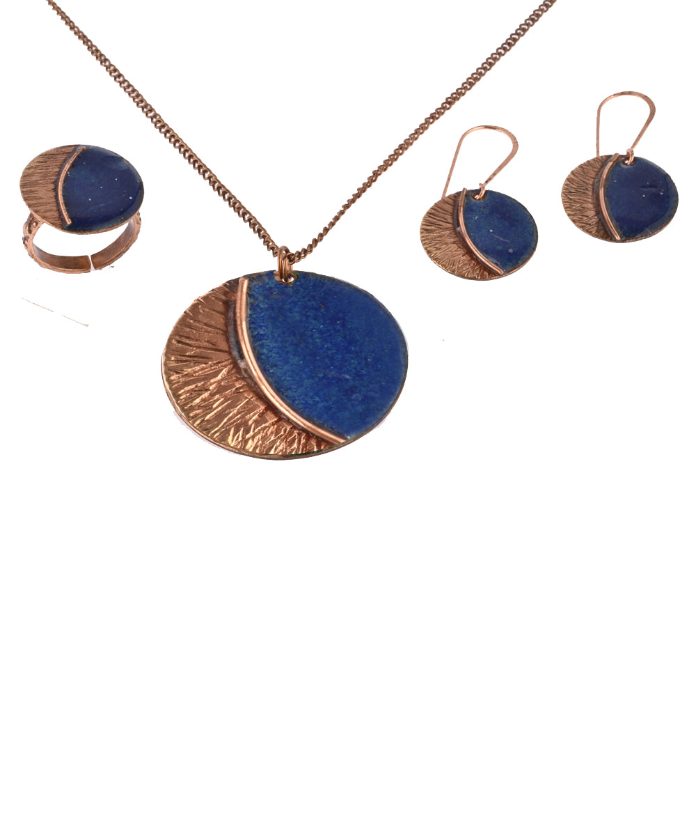 Blue brown handcrafted copper enamel jewellery set
