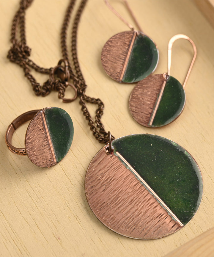 Green handcrafted copper enamel jewellery set