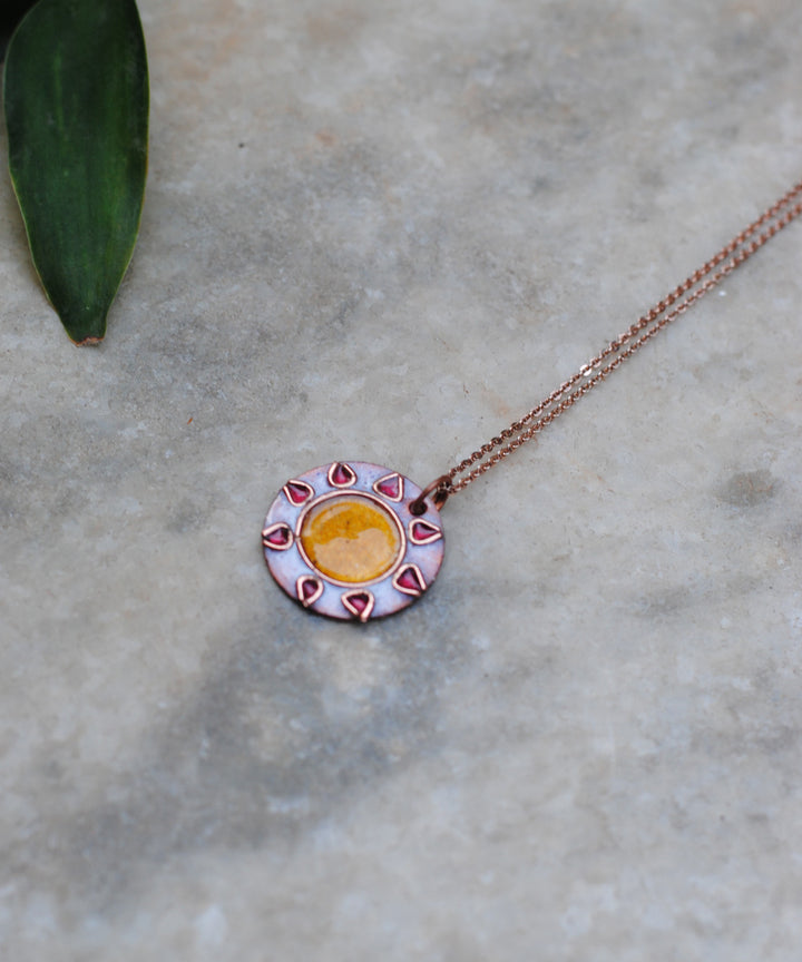 White handcrafted sun motif copper enamel pendant necklace