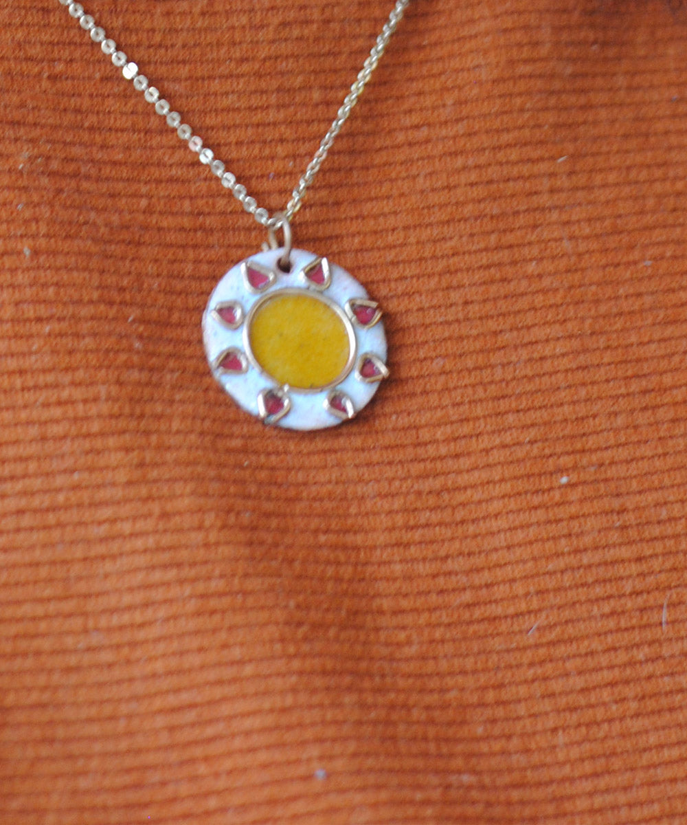 White handcrafted sun motif copper enamel pendant necklace