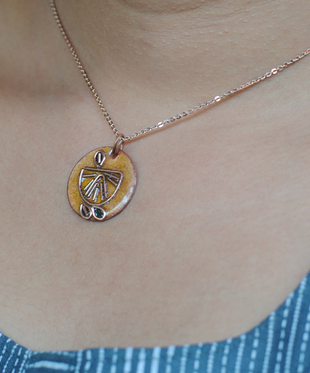 Yellow handcrafted lemon motif copper enamel pendant necklace