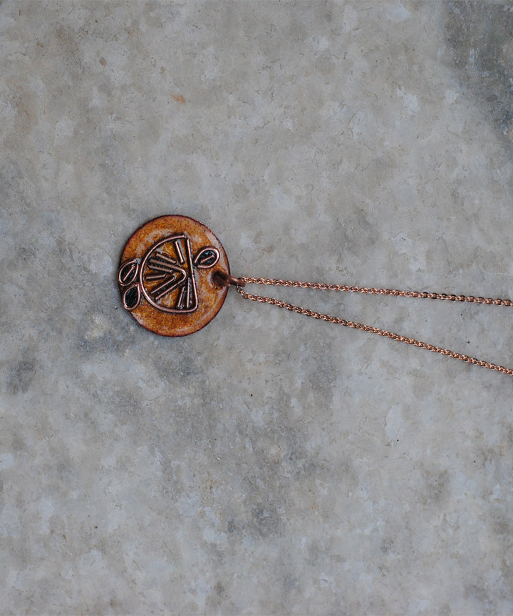 Yellow handcrafted lemon motif copper enamel pendant necklace
