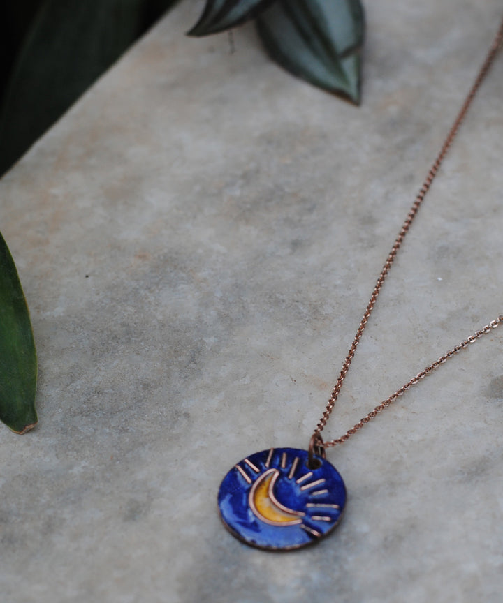 Blue handcrafted moon motif copper enamel pendant necklace