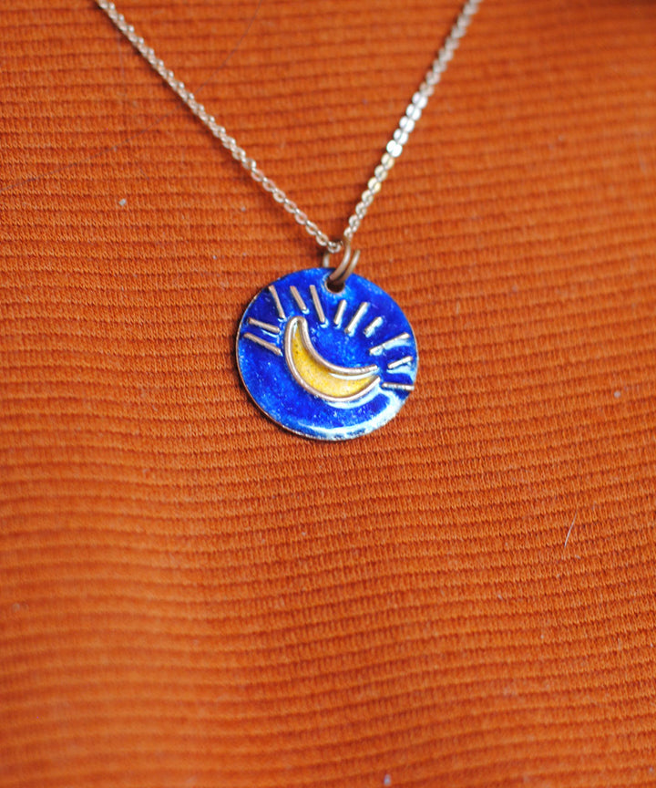 Blue handcrafted moon motif copper enamel pendant necklace