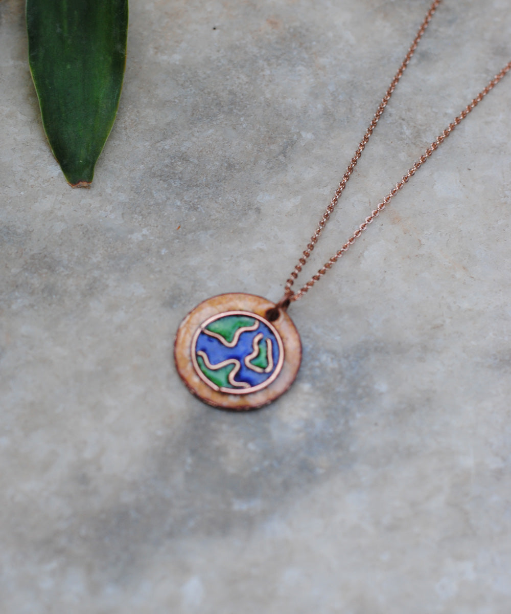 Blue handcrafted copper enamel pendant necklace