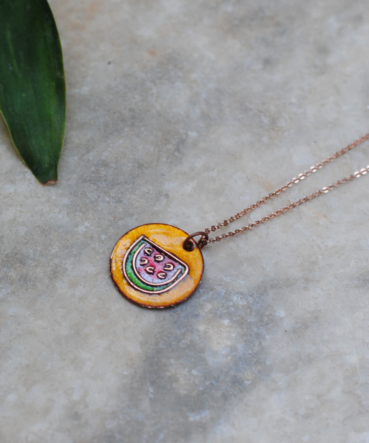 Yellow handcrafted watermelon motif copper enamel pendant necklace