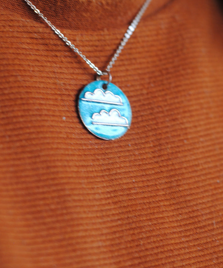 Blue handcrafted cloud motif copper enamel pendant necklace