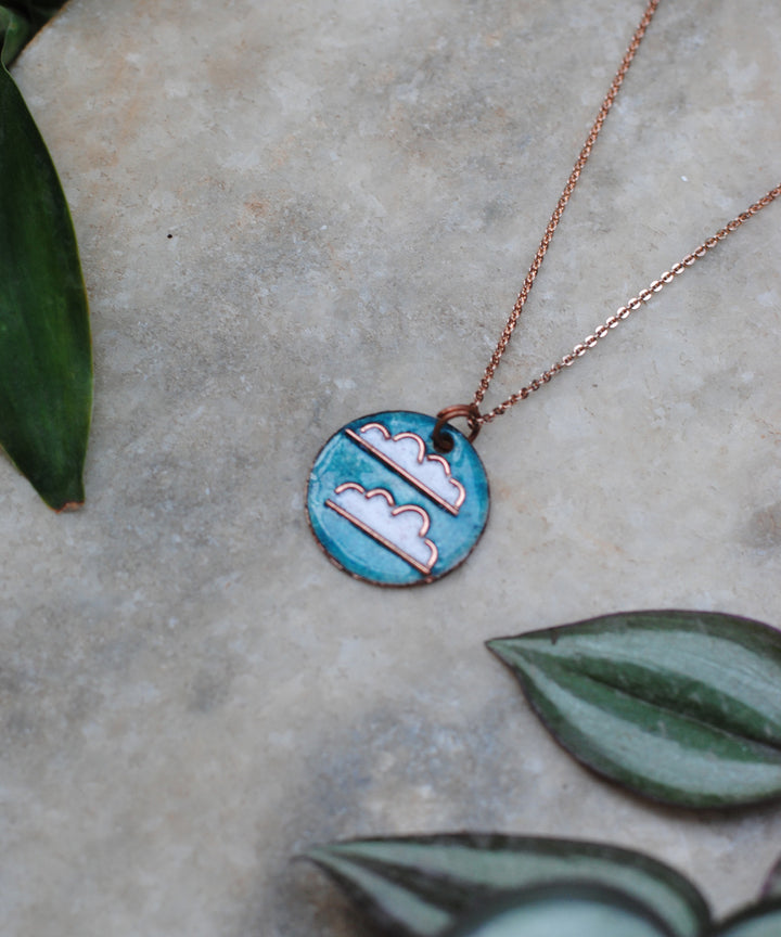 Blue handcrafted cloud motif copper enamel pendant necklace
