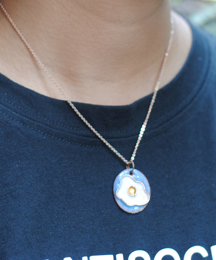 Blue handcrafted omelette motif copper enamel pendant necklace