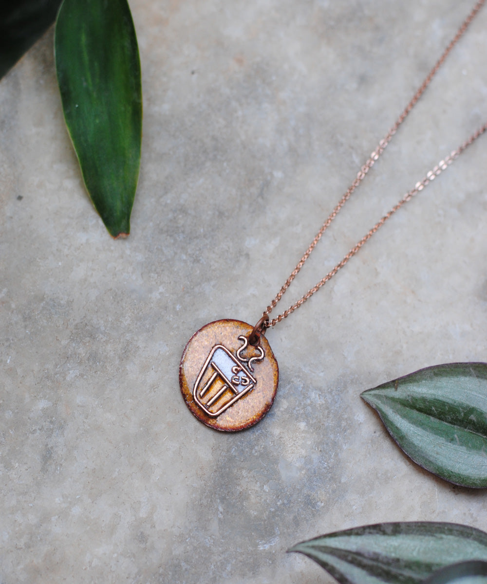 Golden handcrafted tea motif copper enamel pendant necklace
