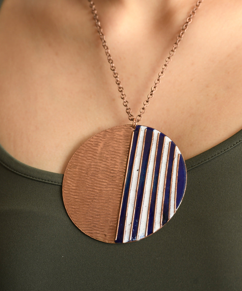 Blue handcrafted stripes copper enamel necklace