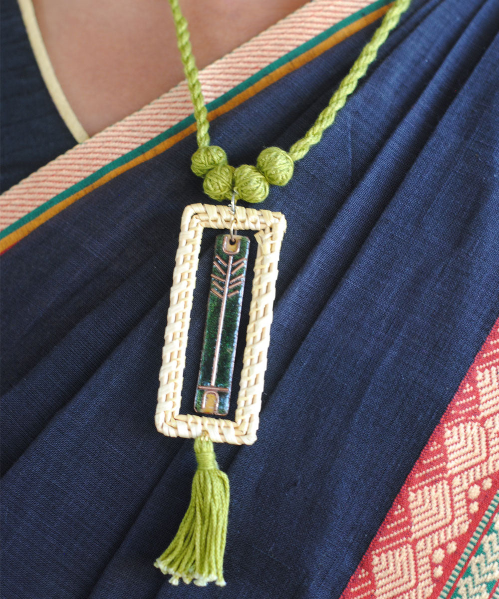 Beige green handcrafted golden grass pendant necklace