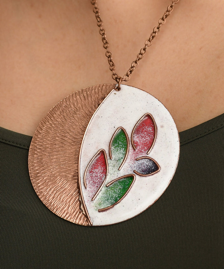 White handcrafted leaf motif copper enamel necklace