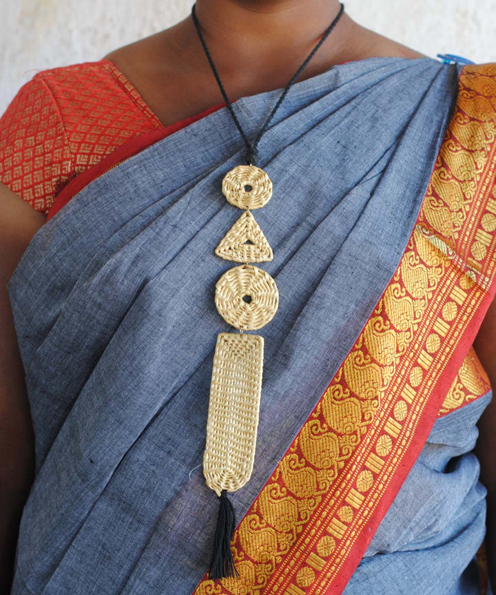 Beige handcrafted golden grass pendant necklace