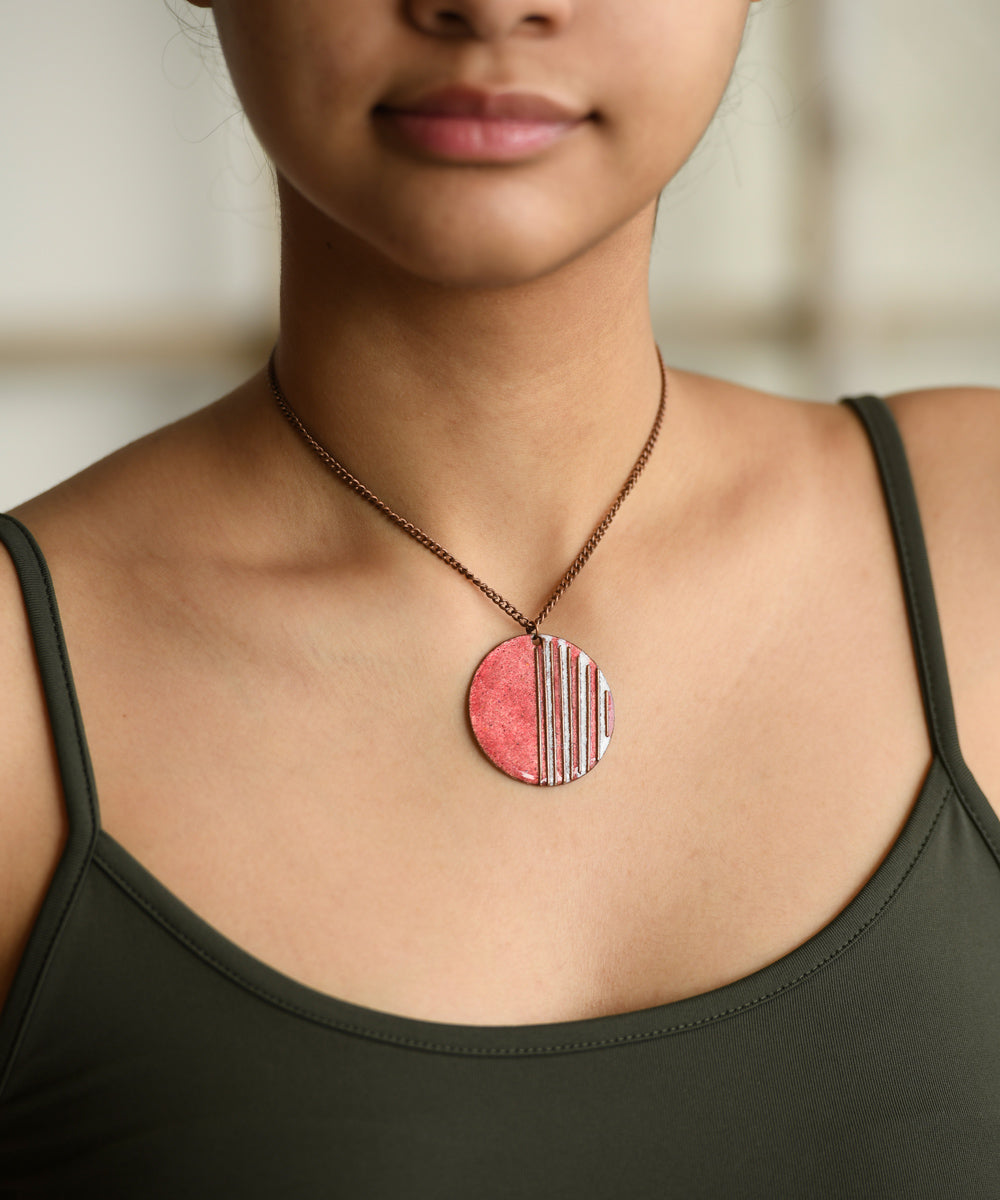 Pink white handcrafted stripes copper enamel necklace