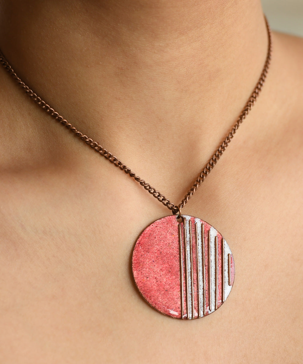 Pink white handcrafted stripes copper enamel necklace