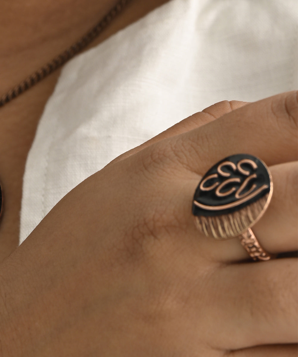 Black leaf handcrafted copper enamel ring